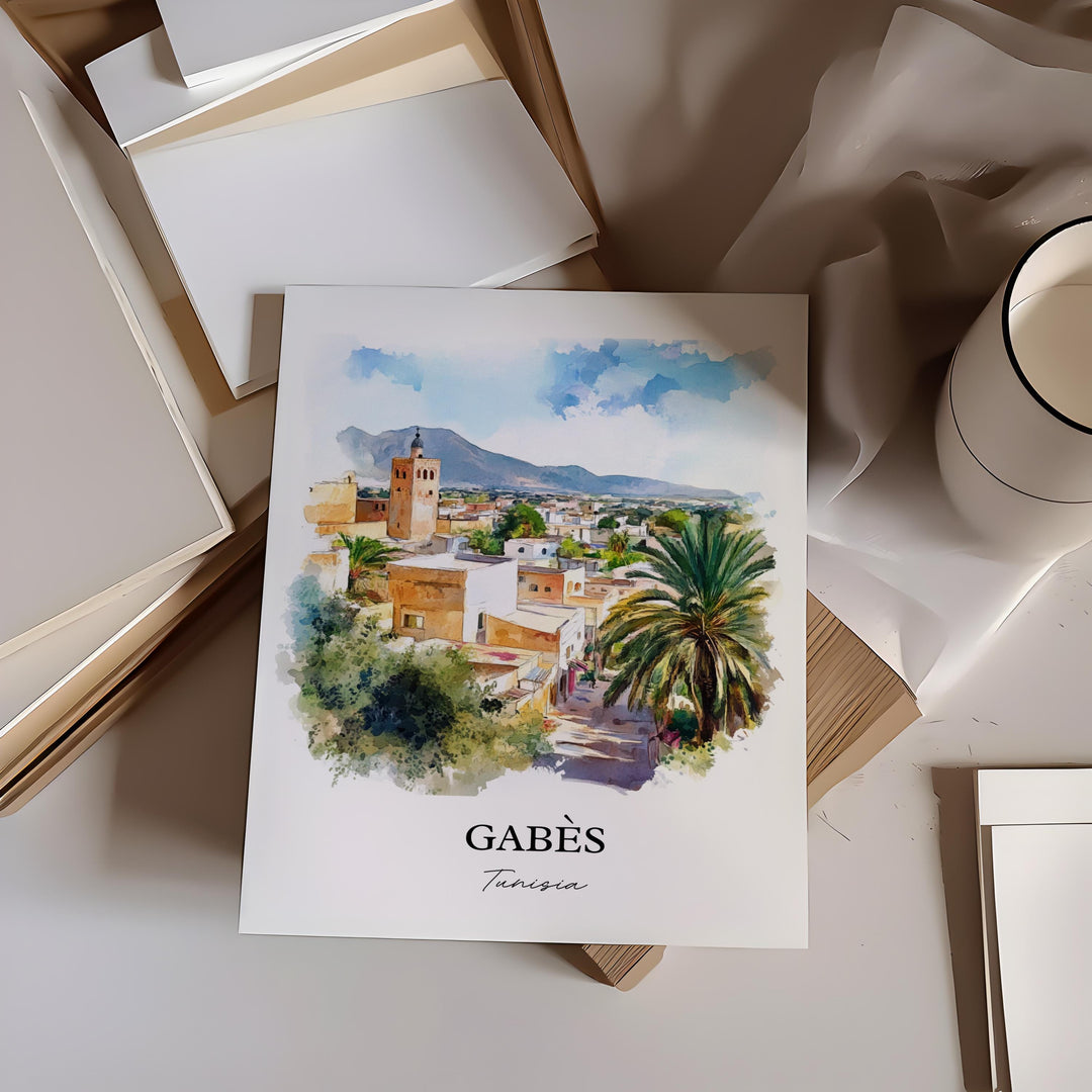 Gabès Tunisia Wall Art, Gabes Tunisia Print, Tunisia Watercolor Art, Kabes Gift, Travel Print, Travel Poster, Housewarming Gift