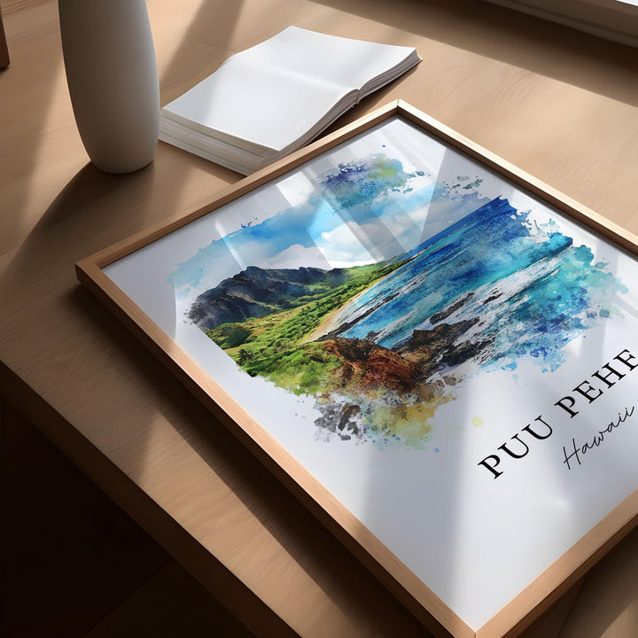 Puu Pehe HI Wall Art, Puu Pehe Print, Lanai Watercolor Art, Sweetheart Rock Gift, Travel Poster, Housewarming Gift