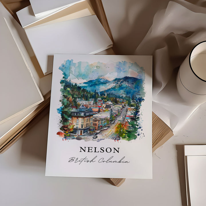 Nelson BC Wall Art, Nelson British Columbia Print, Nelson Watercolor, Selkirk Mountains Gift,