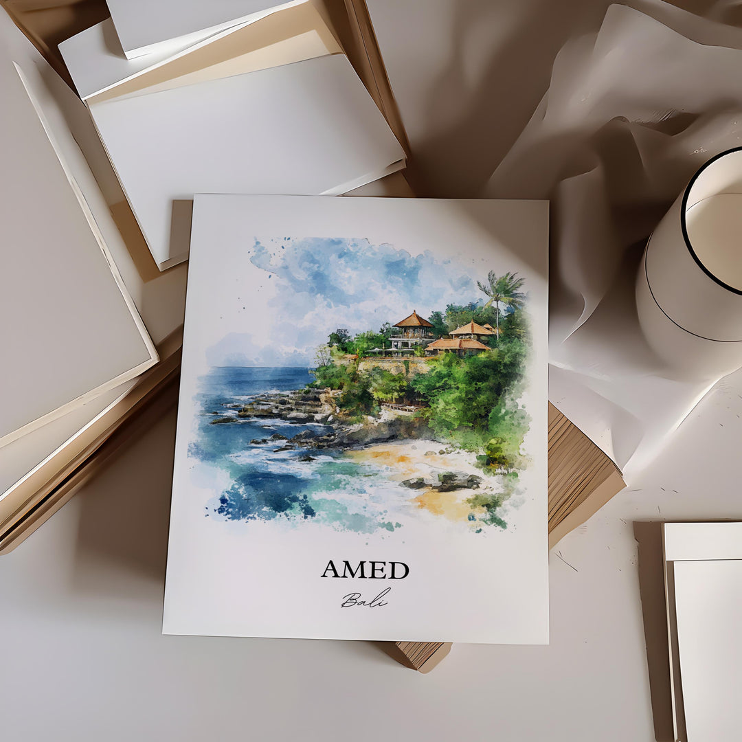 Amed Bali Wall Art, Karangasem Print, Bali Watercolor Art, Amed Bali Gift, Travel Print, Travel Poster, Housewarming Gift