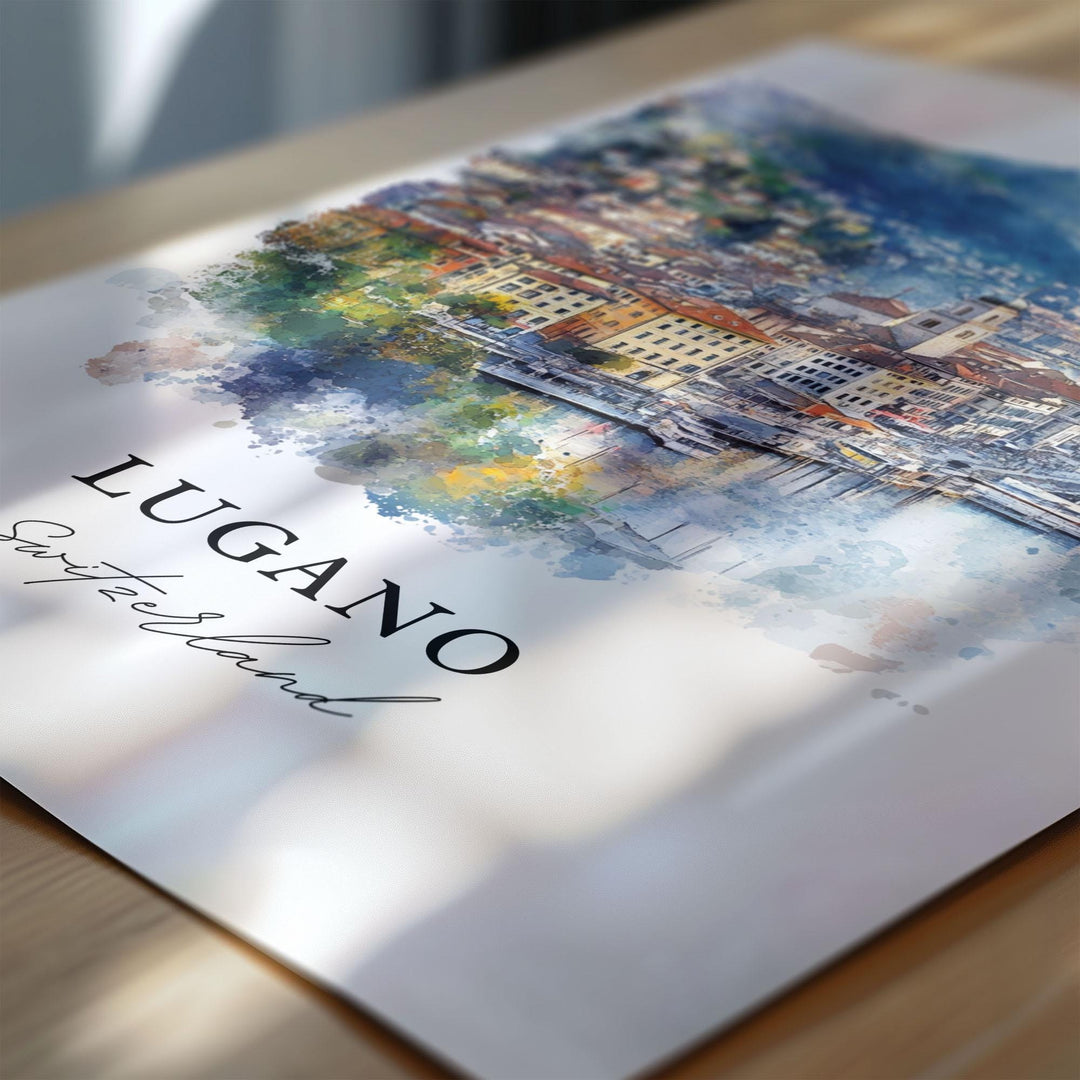 Lugano Switzerland Wall Art, Lugano Print, Lake Lugano Watercolor Art, Ticino Region Gift, Travel Print, Travel Poster, Housewarming Gift