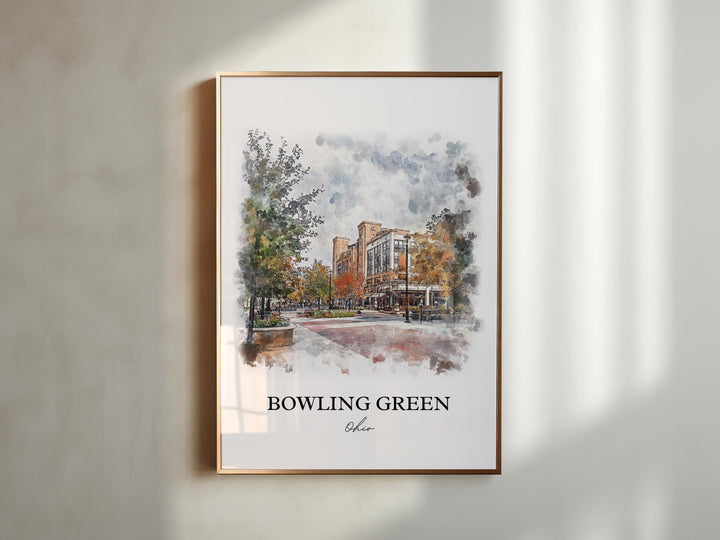 Bowling Green Wall Art, Wood County OH Print, Ohio Watercolor Art, Bowling Green OH Gift, Travel Print, Travel Poster, Housewarming Gift