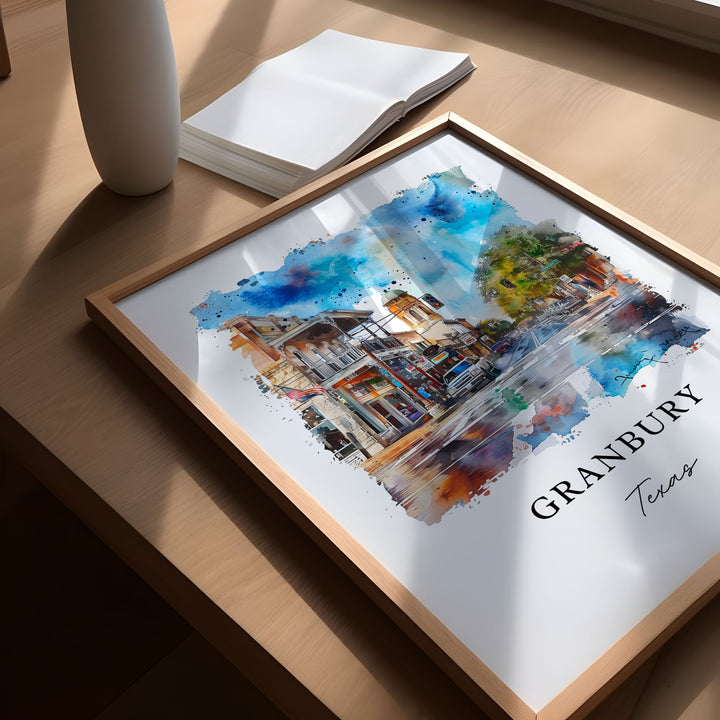 Granbury TX Wall Art, Hood County Texas Print, Granbury Watercolor Art, Granbury Texas Gift,