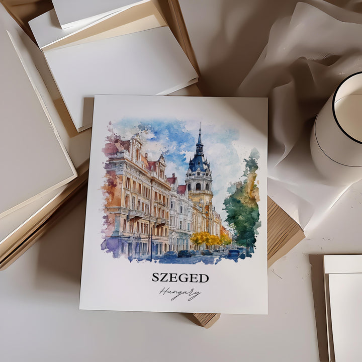 Szeged Wall Art, Csongrád-Csanád Print, Hungary Watercolor Art, Szeged Hungary Gift, Travel Print, Travel Poster, Housewarming Gift