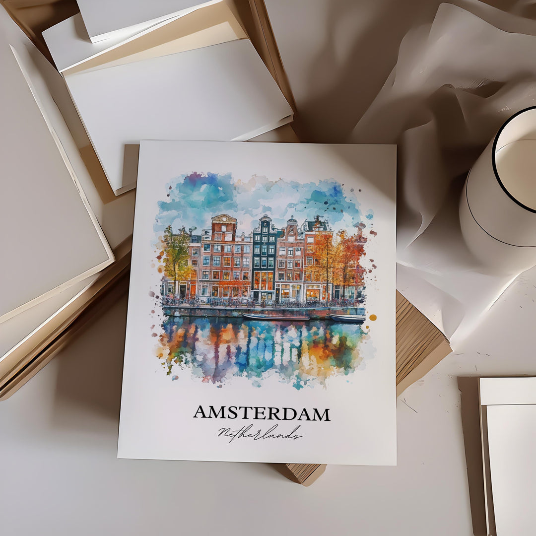 Amsterdam Wall Art, Amsterdam NLD Print, Netherlands Watercolor Art, Amsterdam Gift, Travel Print, Travel Poster, Housewarming Gift