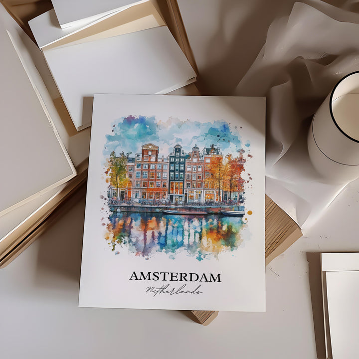 Amsterdam Wall Art, Amsterdam NLD Print, Netherlands Watercolor Art, Amsterdam Gift, Travel Print, Travel Poster, Housewarming Gift