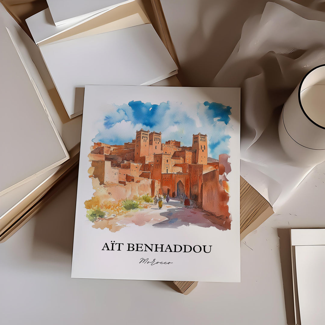 Ait Benhaddou Wall Art, Marrakesh Print, Morocco Watercolor Art, Ait Benhaddou Gift, Travel Print, Travel Poster, Housewarming Gift