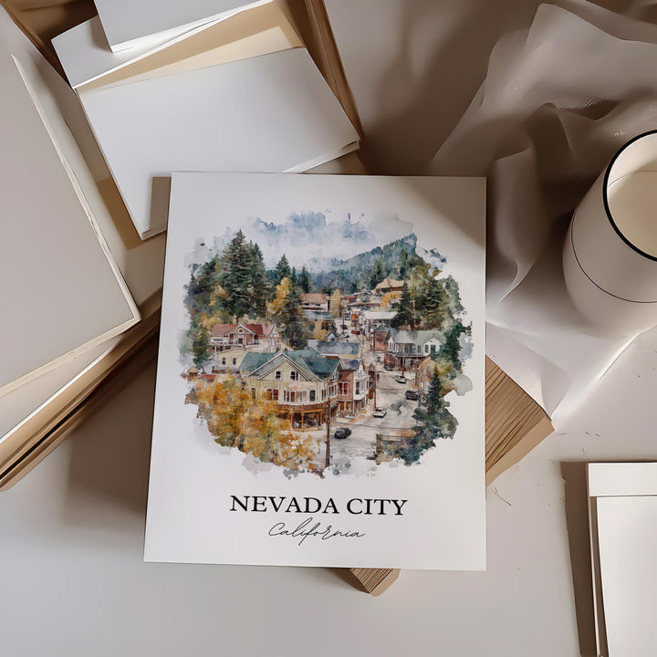 Nevada City Wall Art, Nevada County Print, California Watercolor Art, Nevada City CA Gift, Travel Print, Travel Poster, Housewarming Gift