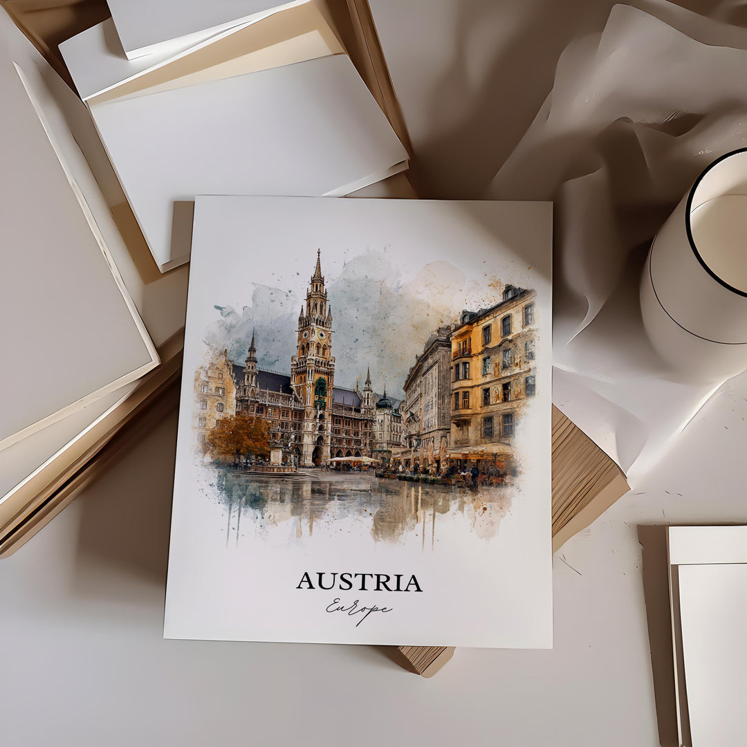 Austria Wall Art, Austria Print, Austria Watercolor Art, Austria Gift, Travel Print, Travel Poster, Housewarming Gift
