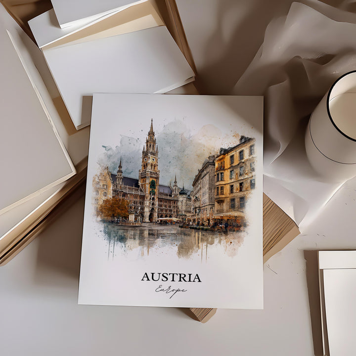 Austria Wall Art, Austria Print, Austria Watercolor Art, Austria Gift, Travel Print, Travel Poster, Housewarming Gift