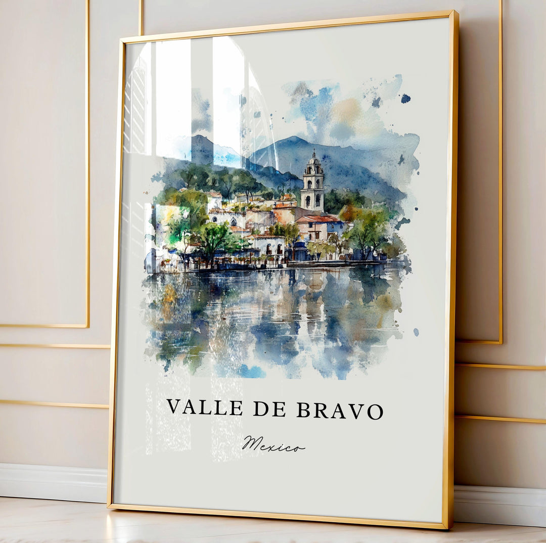 Valle De Bravo Art, Valle De Bravo Print, Valle De Bravo MX Watercolor, Lake Avándaro Gift,