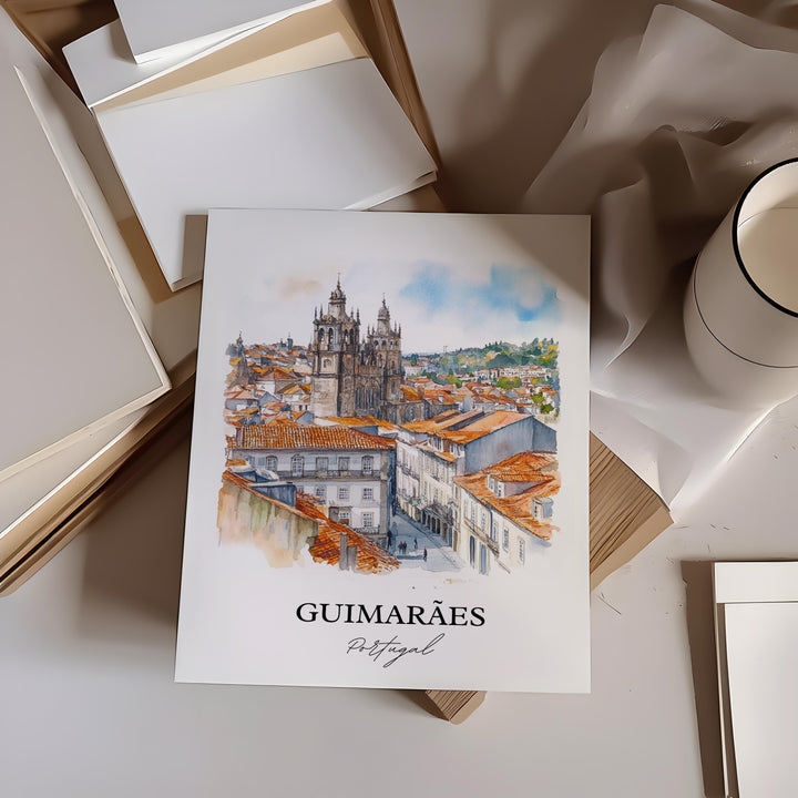 Guimaraes Wall Art, Braga Print, Portugal Watercolor Art, Guimaraes Gift, Travel Print, Travel Poster, Housewarming Gift