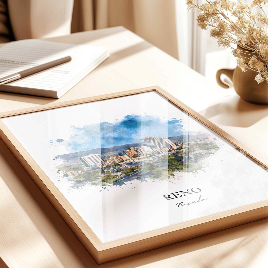 Reno, Nevada Wall Art, Reno Print, Nevada Watercolor Art, Reno Nevada Skyline Gift, Travel Print, Travel Poster, Housewarming Gift