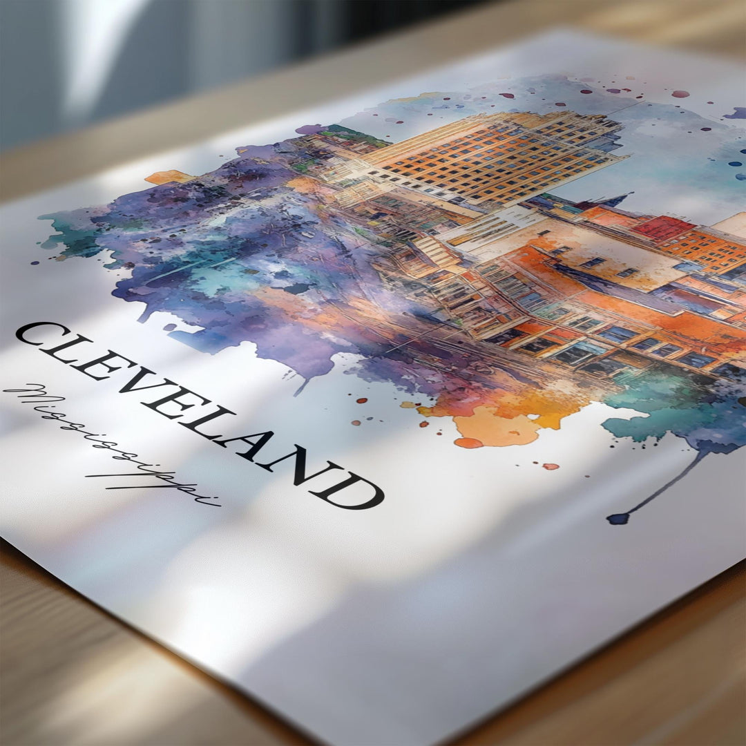 Cleveland MS Wall Art, Bolivar County Print, Mississippi Watercolor, Cleveland Miss. Gift, Travel Print, Travel Poster, Housewarming Gift