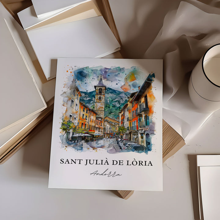 Sant Julià de Lòria Wall Art, Sant Julià de Lòria Print, Andorra Watercolor, Andorra Gift,