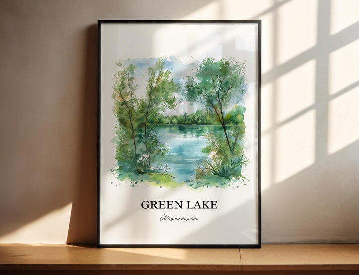 Green Lake WI Wall Art, Big Green Lake Print, Wisconsin Watercolor Art, Green Lake WI Gift, Travel Print, Travel Poster, Housewarming Gift