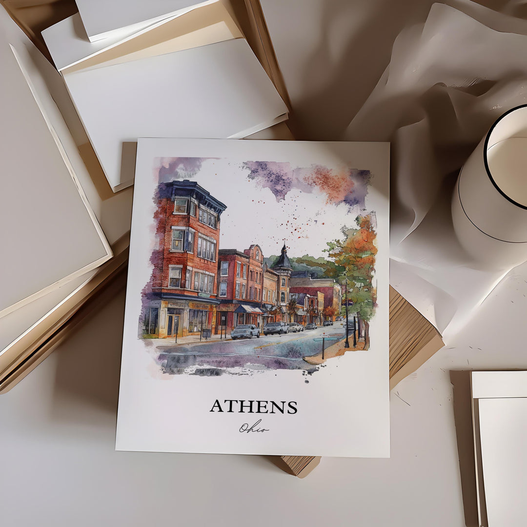 Athens Ohio Wall Art, Parkersburg WV Print, Ohio Watercolor Art, Athens Ohio Gift, Travel Print, Travel Poster, Housewarming Gift