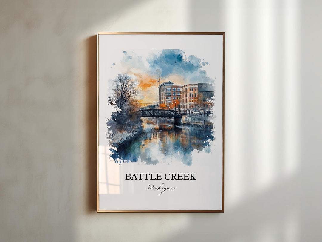 Battle Creek MI Wall Art, Calhoun County Print, Michigan Watercolor, Battle Creek MI Gift, Travel Print, Travel Poster, Housewarming Gift