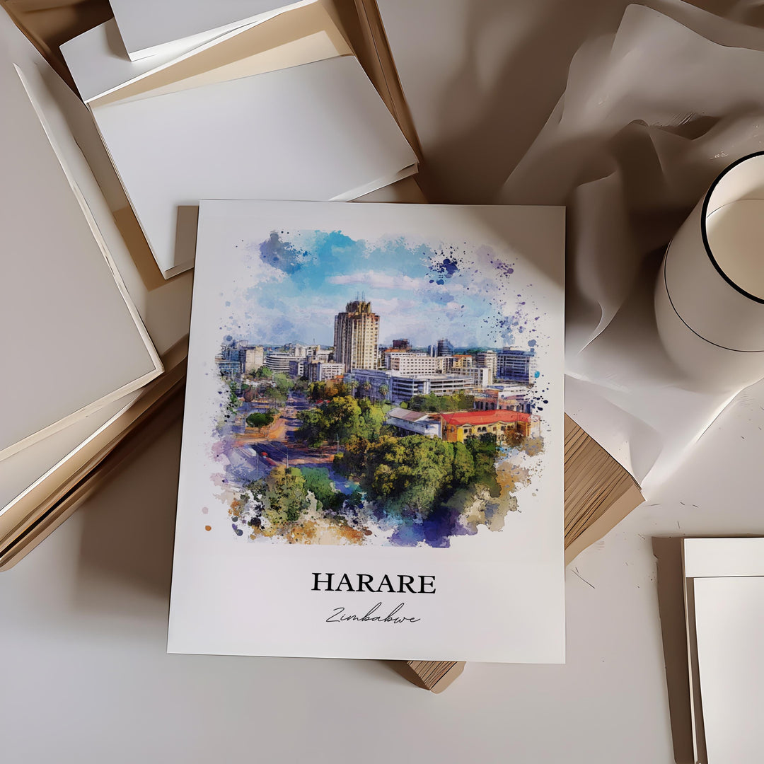 Harare Wall Art, Harare Print, Zimbabwe Watercolor Art, Harare Zimbabwe Gift, Travel Print, Travel Poster, Housewarming Gift