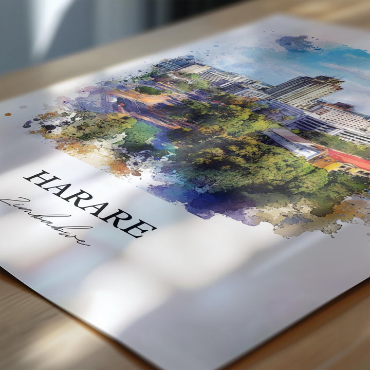 Harare Wall Art, Harare Print, Zimbabwe Watercolor Art, Harare Zimbabwe Gift, Travel Print, Travel Poster, Housewarming Gift