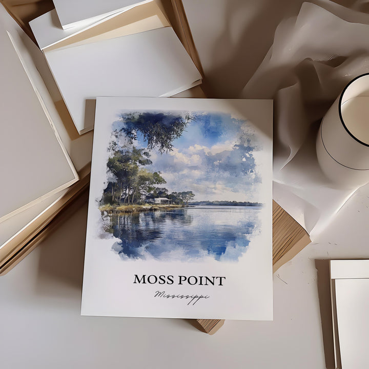 Moss Point MS Wall Art, Jackson County MS Print, Mississippi Watercolor Art, Moss Point Gift, Travel Print, Travel Poster, Housewarming Gift