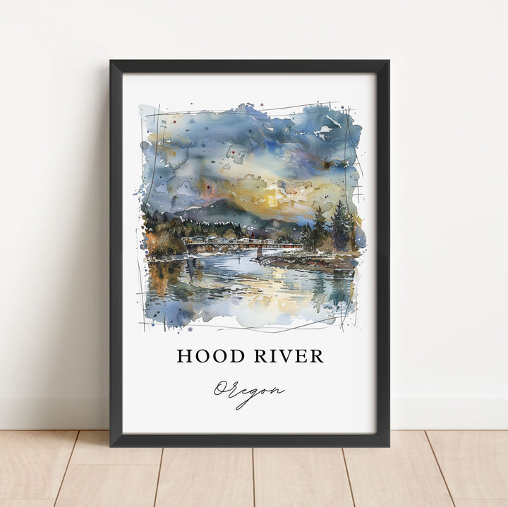 Hood River Oregon Art, Hood River OR Print, Hood River Watercolor Art, Hood River OR Gift,