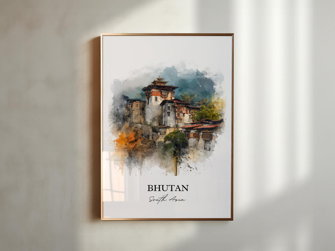 Bhutan Wall Art, Bhutan Print, Bhutan Watercolor Art, Bhutan Gift, Travel Print, Travel Poster, Housewarming Gift