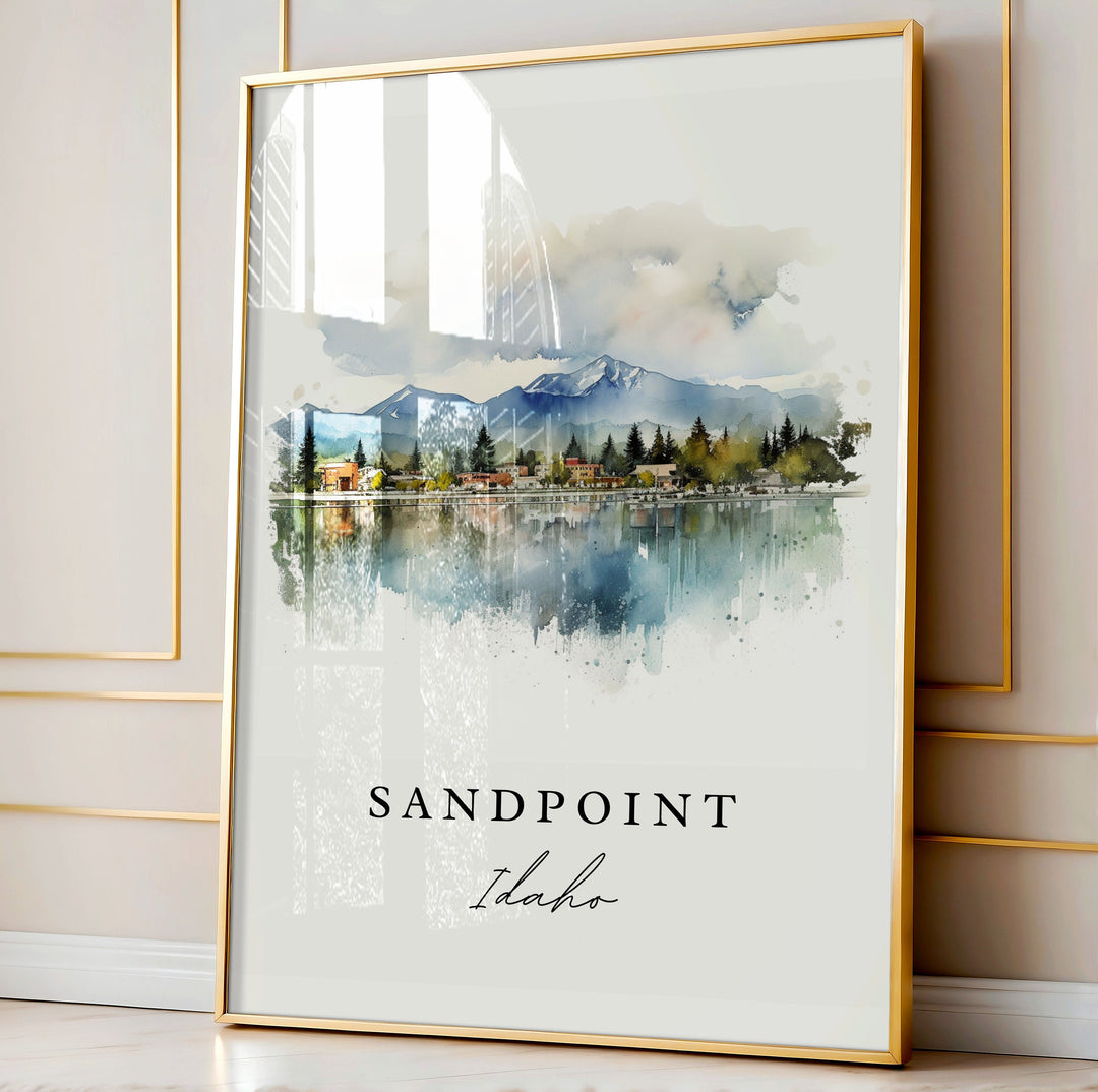 Sandpoint traditional travel art - Idaho, Sandpoint poster print, Wedding gift, Birthday present, Custom Text, Perfect Gift