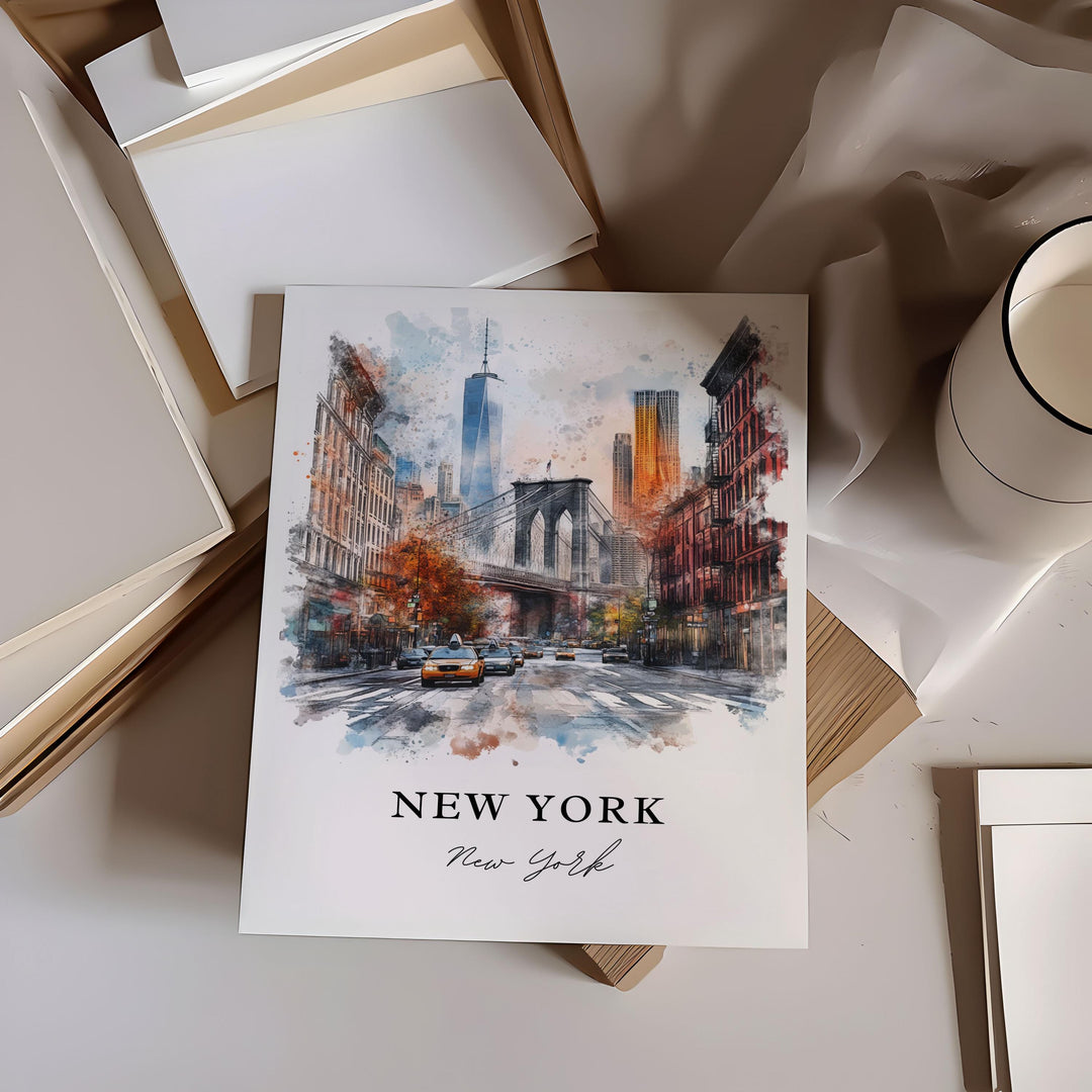 NYC Wall Art, New York City Print, Manhattan Watercolor Art, Brooklyn Bridge Gift, Manhattan Travel Print, Travel Poster, Housewarming Gift