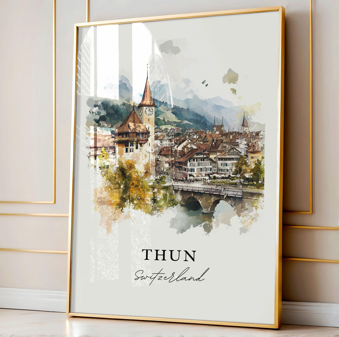 Thun Switzerland Wall Art, Thun Print, Thun Switzerland Watercolor, Bernese Oberland Gift,