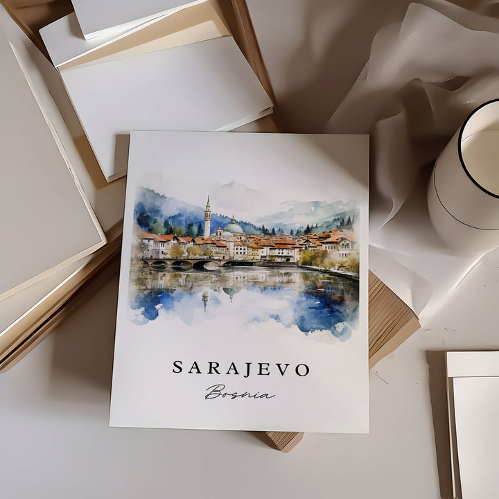 Sarajevo traditional travel art - Bosnia, Sarajevo poster print, Wedding gift, Birthday present, Custom Text, Perfect Gift