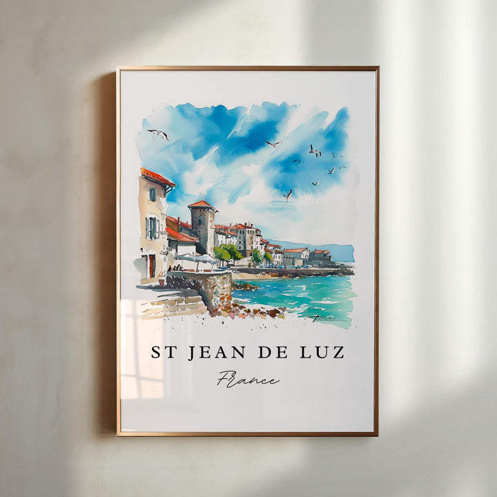 St Jean de Luz traditional travel art - France, St Jean de Luz print, Wedding gift, Birthday present, Custom Text, Perfect Gift