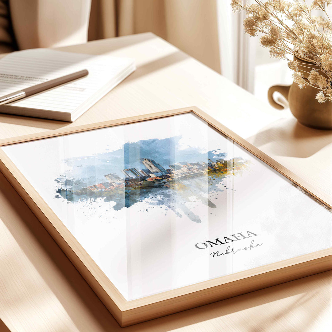 Omaha Nebraska Wall Art, Omaha Print, Nebraska Watercolor Art, Omaha NE Skyline Gift, Travel Print, Travel Poster, Housewarming Gift