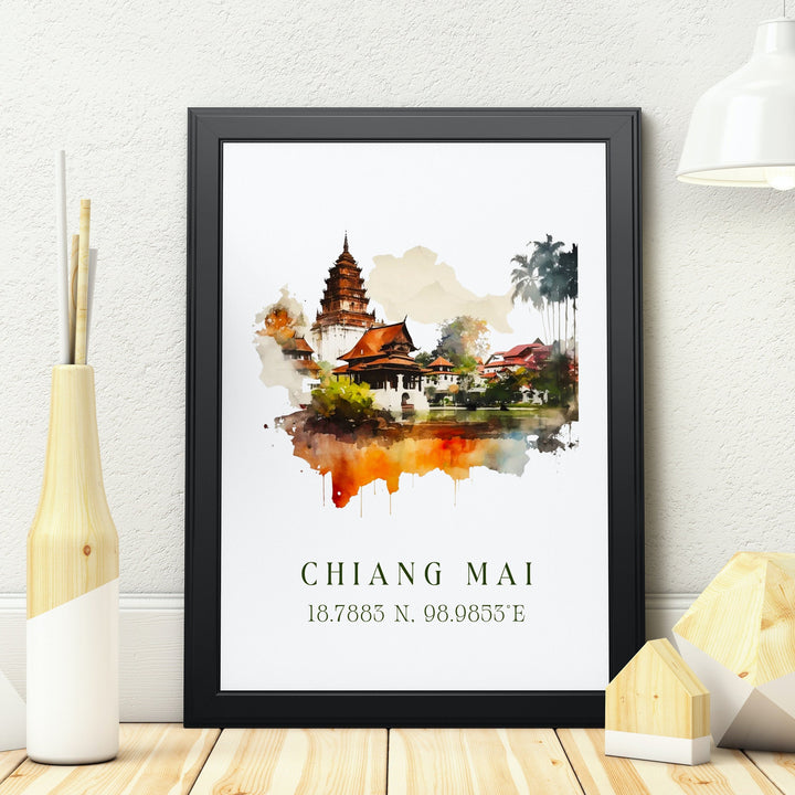 Chiang Mai traditional travel art - Thailand, Chiang Mai poster, Wedding gift, Birthday present, Custom Text, Personalised Gift