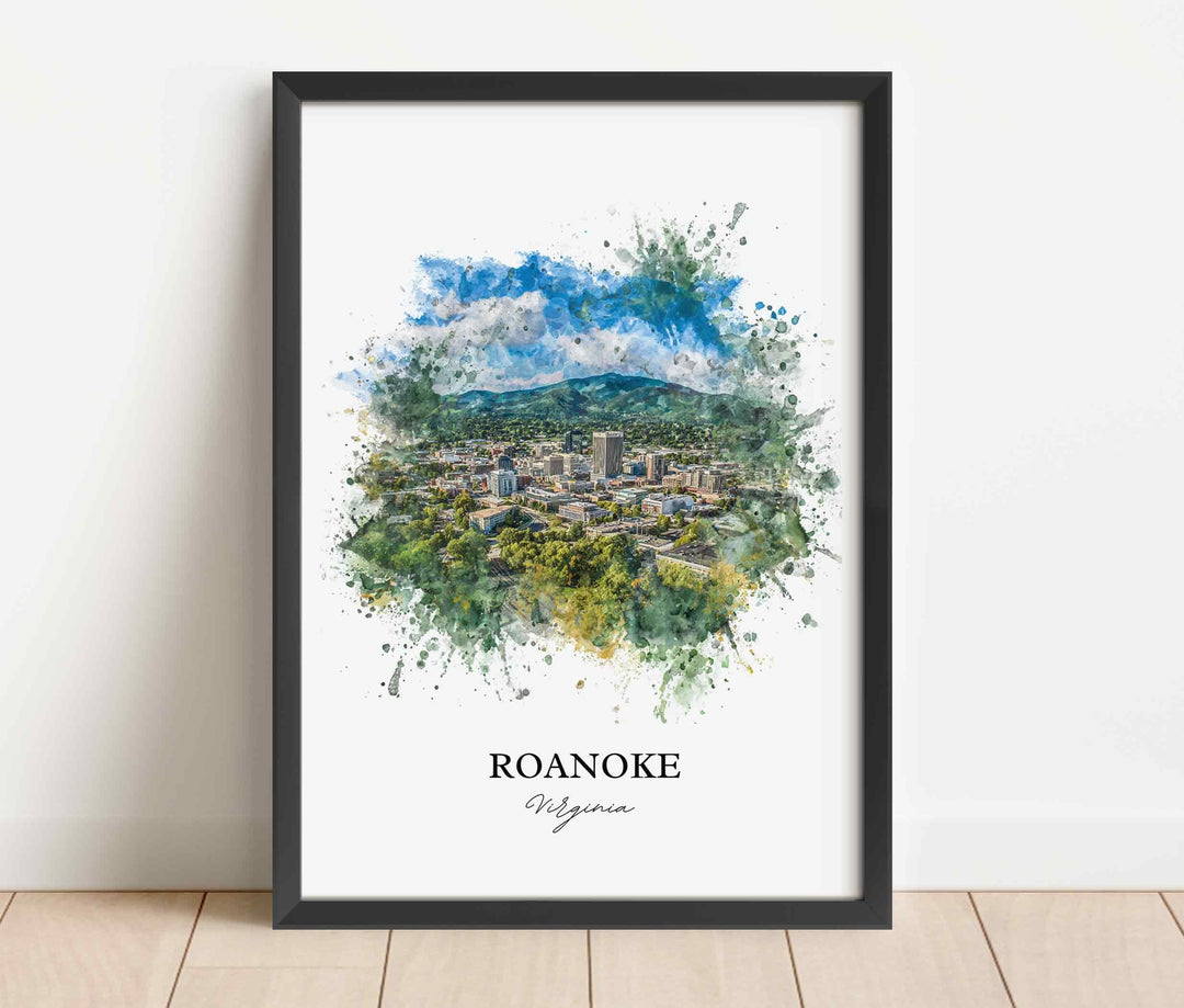 Roanoke VA Wall Art, Roanoke Print, Roanoke Watercolor Art, Roanoke Virginia Gift, Travel Print, Travel Poster, Housewarming Gift