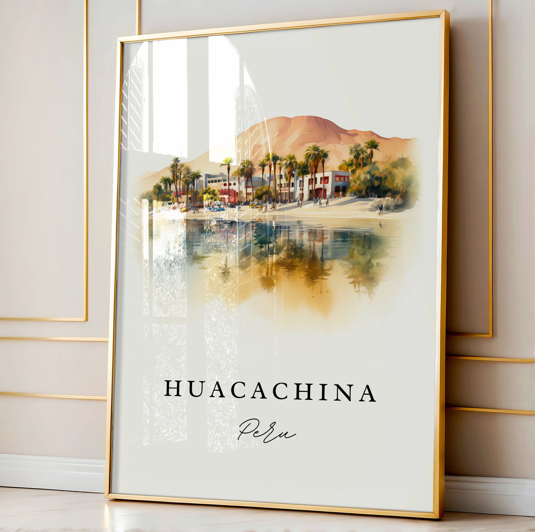 Huacachina traditional travel art - Peru, Huacachina poster print, Wedding gift, Birthday present, Custom Text, Perfect Gift