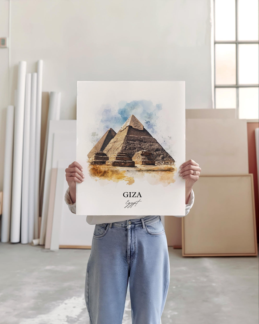 Giza Egypt Wall Art, Pyramids of Giza Print, Egypt Watercolor Art, Giza Egypt Gift, Travel Print, Travel Poster, Housewarming Gift