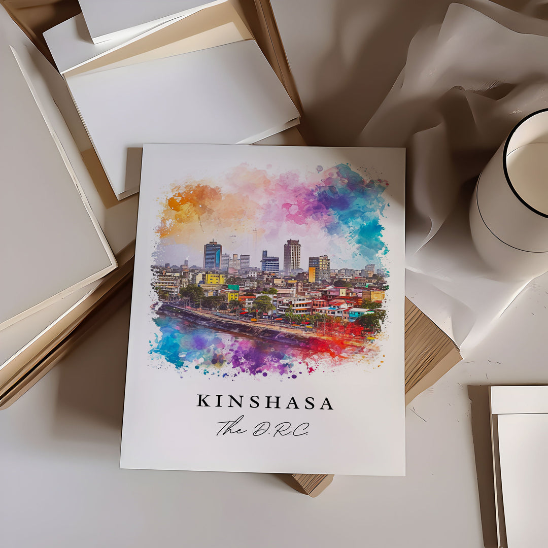 Kinshasa watercolor travel art - The DRC, Kinshasa print, Wedding gift, Birthday present, Custom Text, Perfect Gift