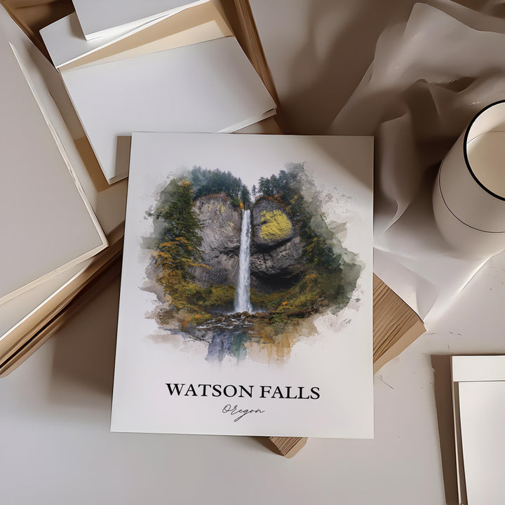 Watson Falls, Oregon, USA – Watercolor Art Print