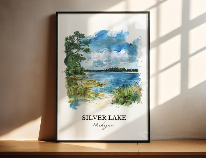Silver Lake MI Wall Art, Lake Michigan Print, Lake Michigan Watercolor, Silver Lake MI Gift, Travel Print, Travel Poster, Housewarming Gift