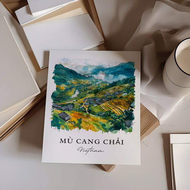 Mu Cang Chai Wall Art, Vietnam Print, Yên Bái Vietnam Watercolor, Vietnam Travel Gift,