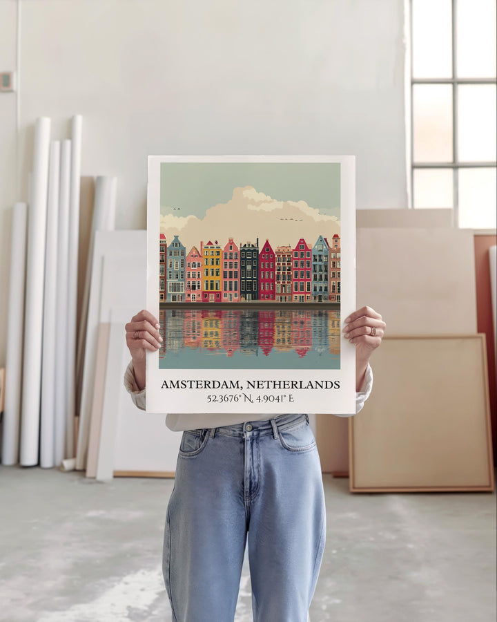 Amsterdam Canals Art, Amsterdam Retro Travel Art, Amsterdam Decor, Netherlands Gift, Netherlands Travel Art, Europe Travel Prints