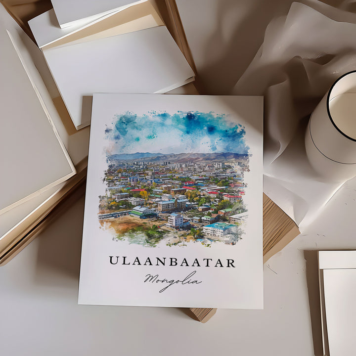 Ulaanbaatar watercolor travel art - Mongolia, Ulaanbatar print, Wedding gift, Birthday present, Custom Text, Perfect Gift