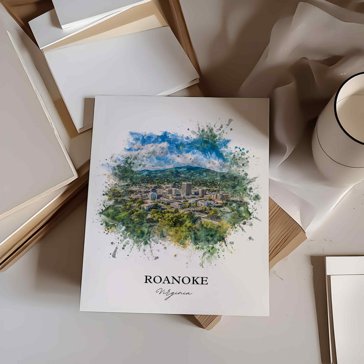 Roanoke VA Wall Art, Roanoke Print, Roanoke Watercolor Art, Roanoke Virginia Gift, Travel Print, Travel Poster, Housewarming Gift