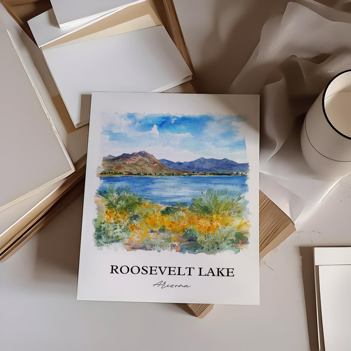 Roosevelt Lake Wall Art, Apache Junction Print, Arizona Watercolor Art, Roosevelt Lake Gift, Travel Print, Travel Poster, Housewarming Gift