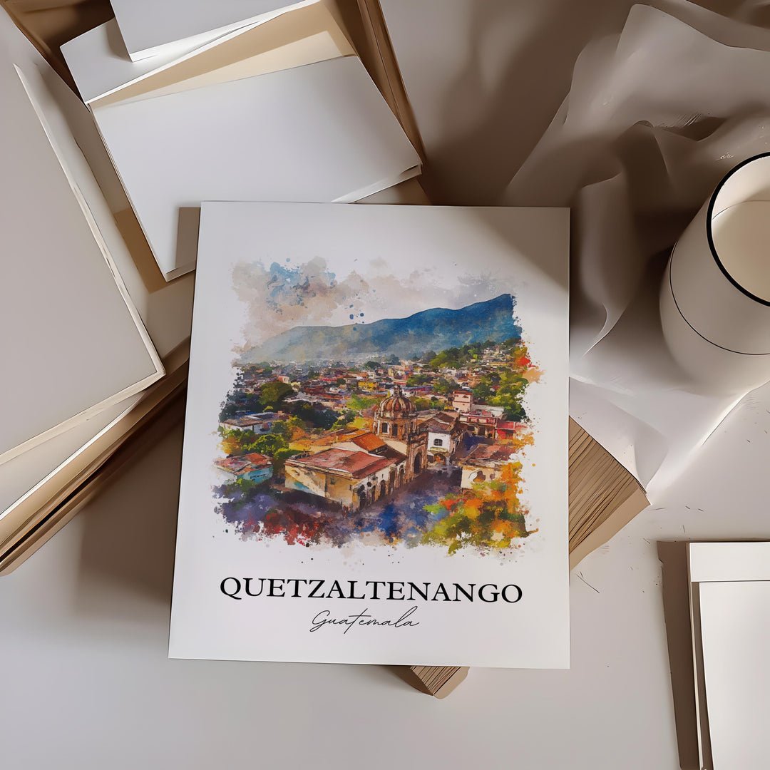Quetzaltenango Wall Art, Guatemala Print, Guatemala Watercolor Art, Quetzaltenango Gift, Travel Print, Travel Poster, Housewarming Gift