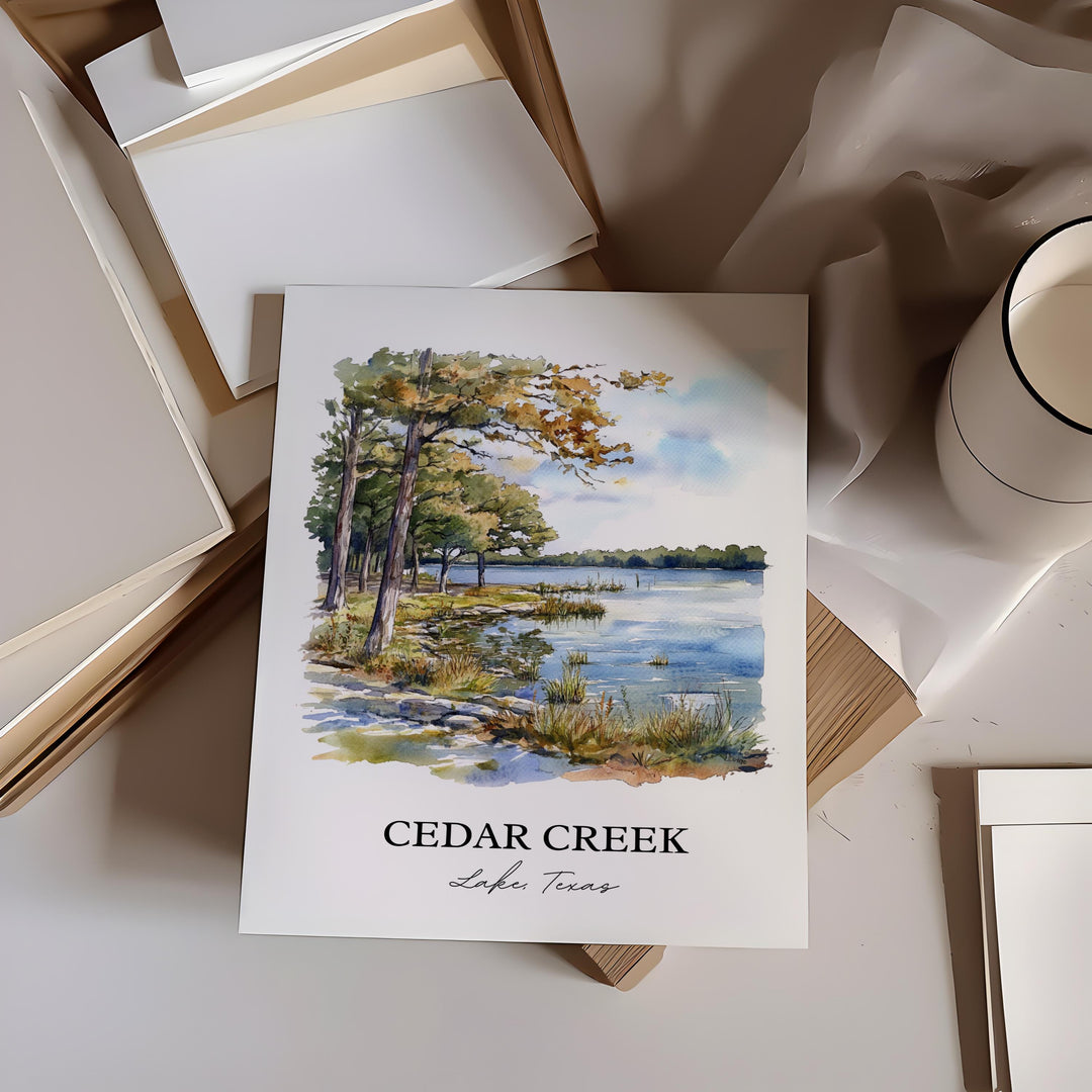Cedar Creek Lake Wall Art, Kaufman County Print, Texas Watercolor Art, Cedar Creek Lake Gift, Travel Print, Travel Poster, Housewarming Gift