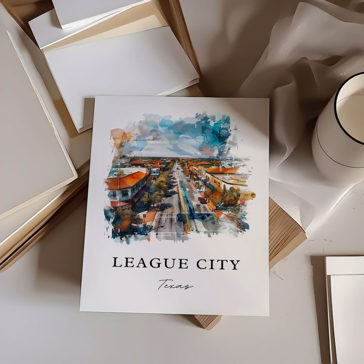 League City TX Wall Art, League City Print, Galveston Watercolor Art, Galveston County Gift,