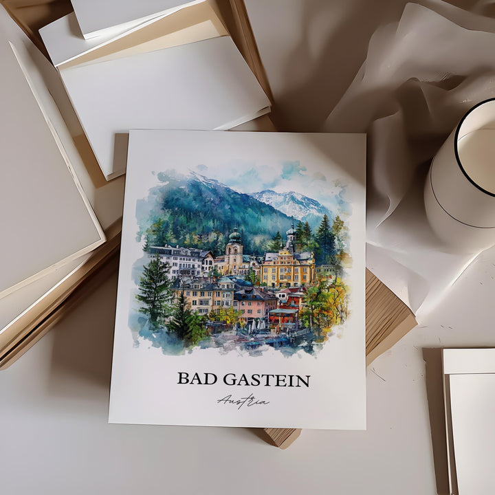 Bad Gastein Wall Art, Salzburg Print, Austria Watercolor Art, Bad Gastein Gift, Travel Print, Travel Poster, Housewarming Gift