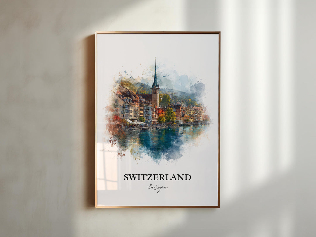 Switzerland Art, Switzerland Print, Switzerland Watercolor Art, Switzerland Country Gift, Travel Print, Travel Poster, Housewarming Gift